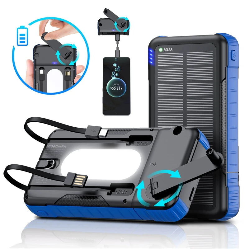 20000Mah Hand Crank Solar Power Bank with Cable Fast Charge Outdoor Portable Powerbank for Iphone Huawei Xiaomi External Battery