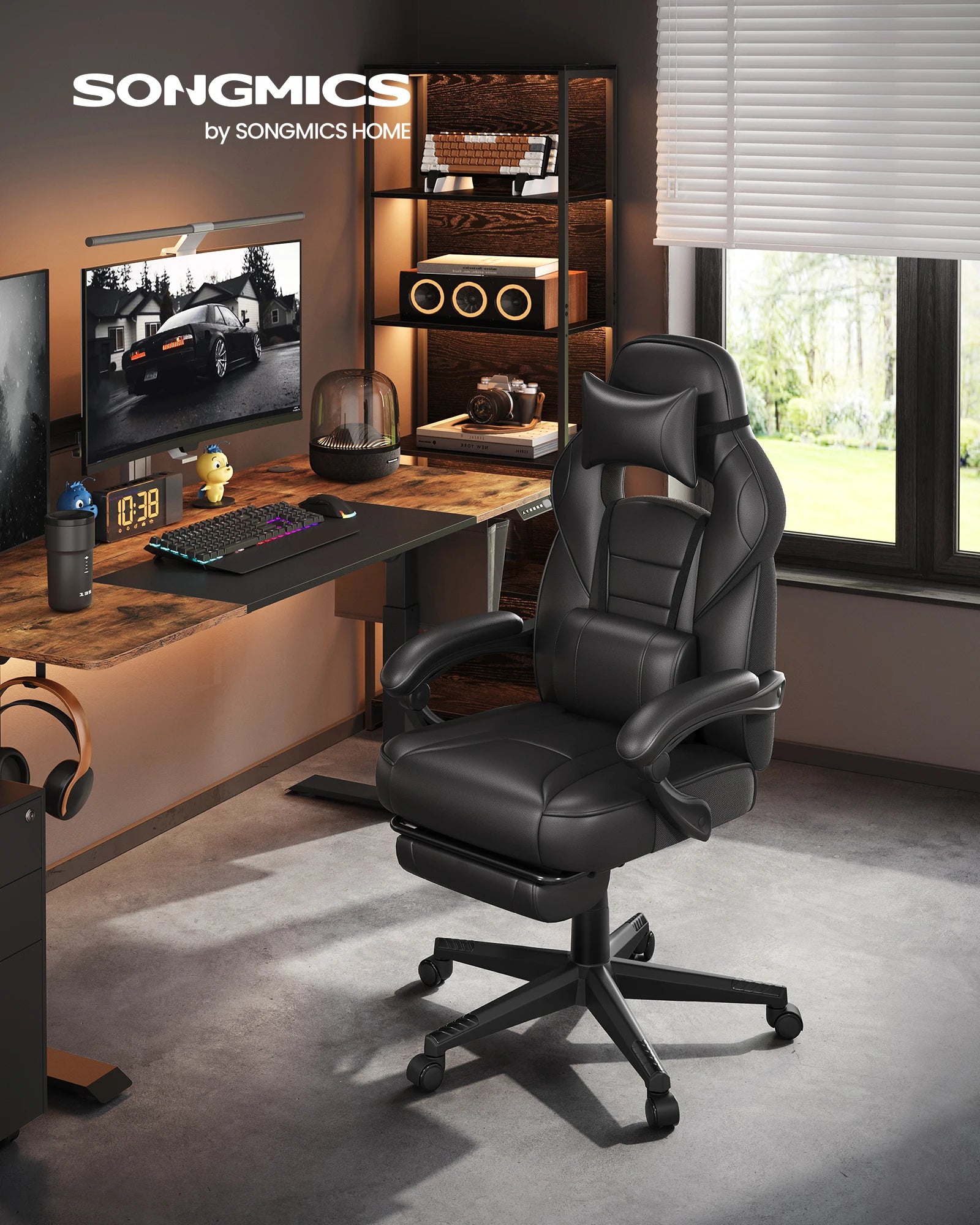 Office Chair, Gaming Chair, Adjustable, Telescopic Footrest, Rocking Mechanism, Headrest, Lumbar Support, Load 150 Kg