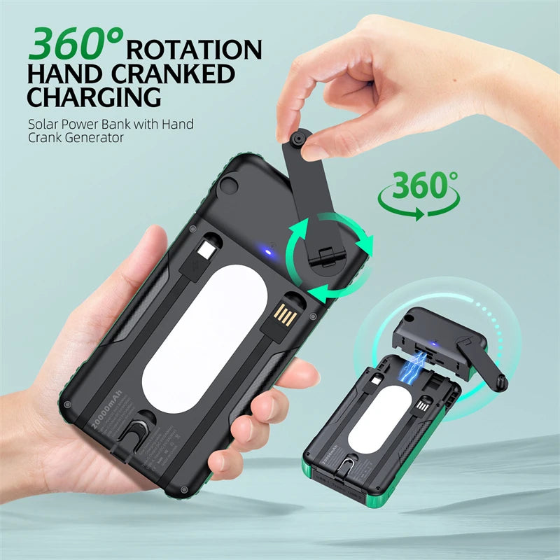 20000Mah Hand Crank Solar Power Bank with Cable Fast Charge Outdoor Portable Powerbank for Iphone Huawei Xiaomi External Battery