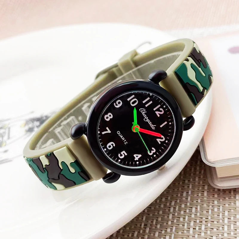 2025 Summer Boys Girls Fashion Camouflage Silicone Strap Quartz Watches Children Kids Students Digital Cool Waterproof Clocks
