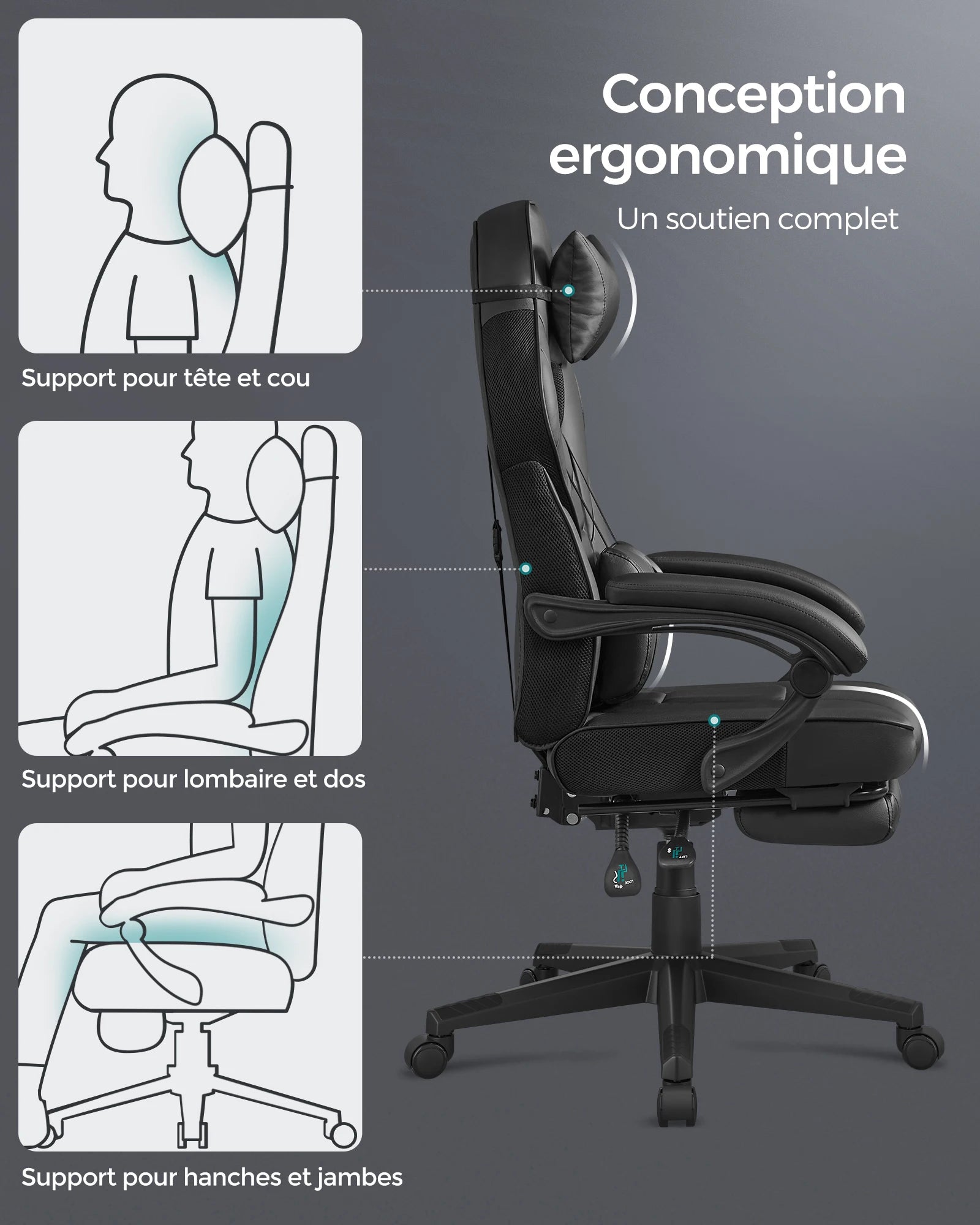 Office Chair, Gaming Chair, Adjustable, Telescopic Footrest, Rocking Mechanism, Headrest, Lumbar Support, Load 150 Kg