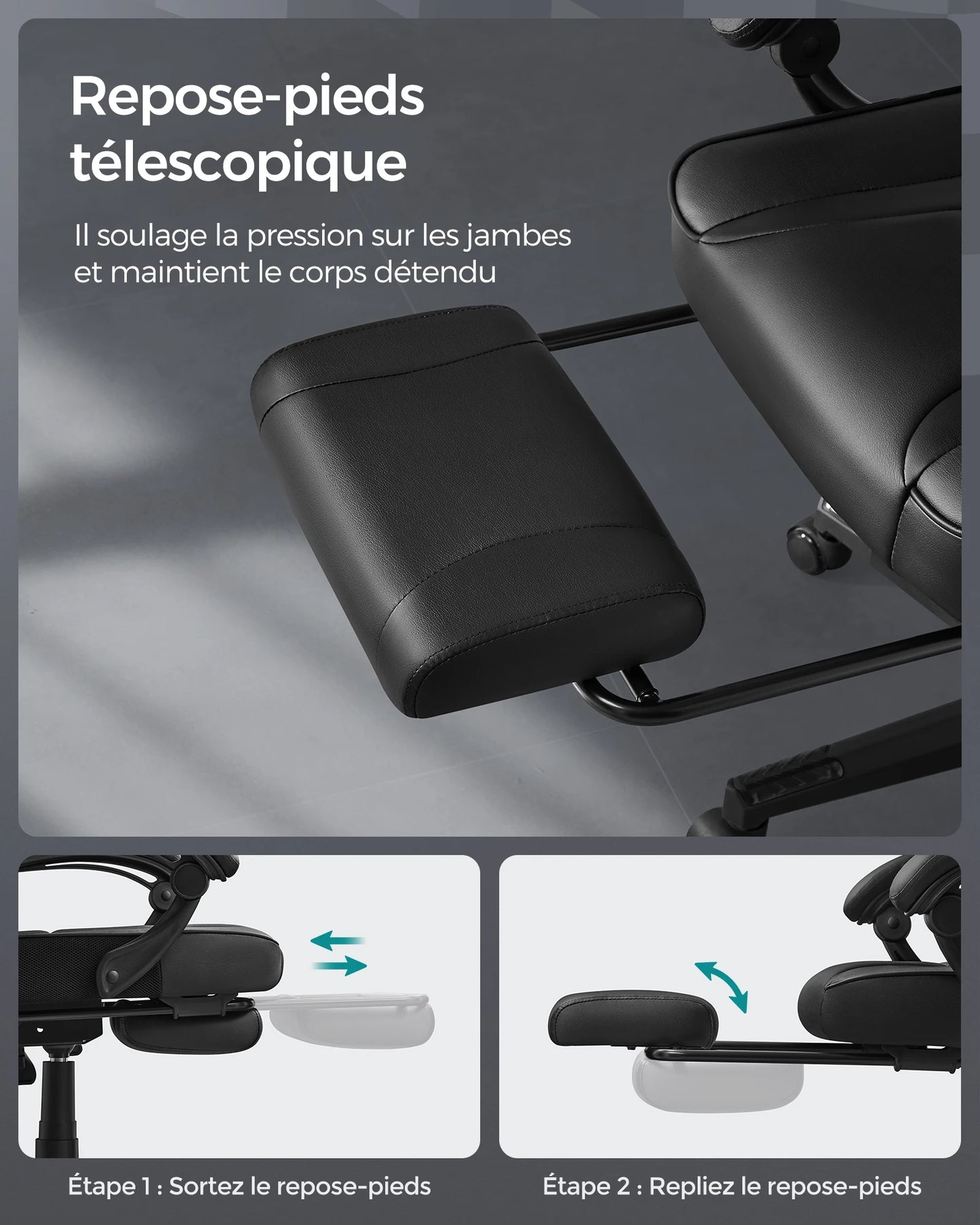 Office Chair, Gaming Chair, Adjustable, Telescopic Footrest, Rocking Mechanism, Headrest, Lumbar Support, Load 150 Kg
