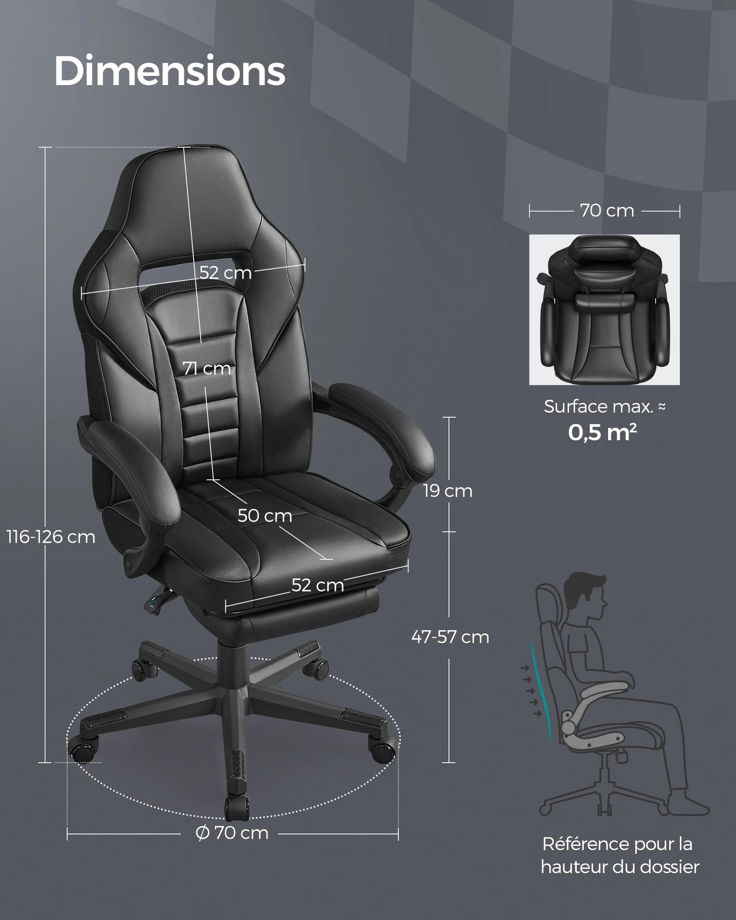 Office Chair, Gaming Chair, Adjustable, Telescopic Footrest, Rocking Mechanism, Headrest, Lumbar Support, Load 150 Kg