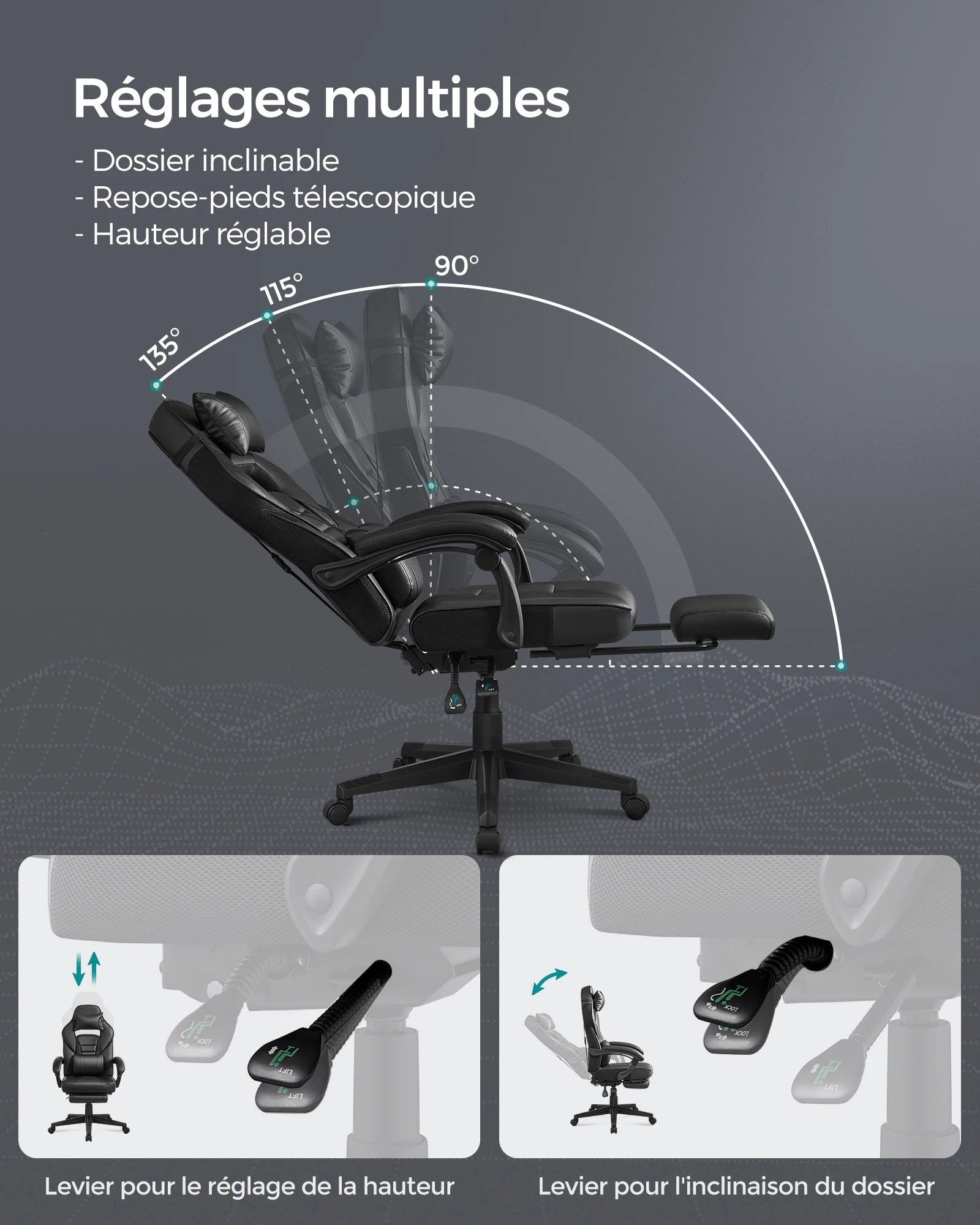 Office Chair, Gaming Chair, Adjustable, Telescopic Footrest, Rocking Mechanism, Headrest, Lumbar Support, Load 150 Kg