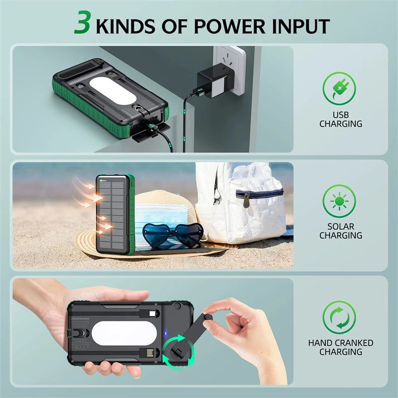 20000Mah Hand Crank Solar Power Bank with Cable Fast Charge Outdoor Portable Powerbank for Iphone Huawei Xiaomi External Battery