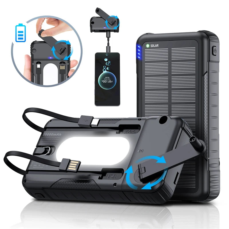 20000Mah Hand Crank Solar Power Bank with Cable Fast Charge Outdoor Portable Powerbank for Iphone Huawei Xiaomi External Battery