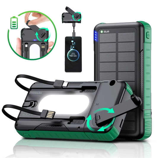 20000Mah Hand Crank Solar Power Bank with Cable Fast Charge Outdoor Portable Powerbank for Iphone Huawei Xiaomi External Battery