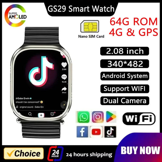 2025 New 4G All Network GS29 Smart Watch Android Operating System GPS Map Google Play Youtube Passometer Sleep Tracker SIM Card