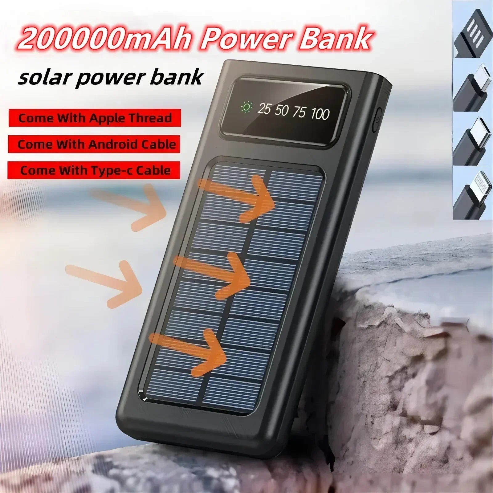 Xiaomi 200000Mah Solar Power Bank Ultra Capacity USB 4 In1 Super Fast Charging USB Typec LED Light Outdoor Power Bank for Iphone