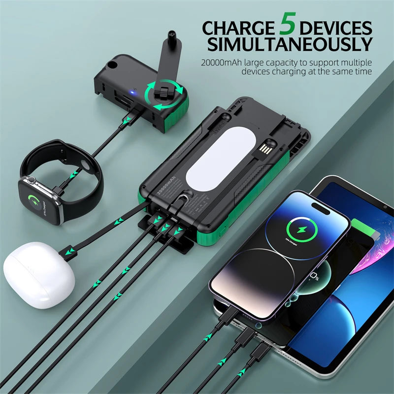 20000Mah Hand Crank Solar Power Bank with Cable Fast Charge Outdoor Portable Powerbank for Iphone Huawei Xiaomi External Battery