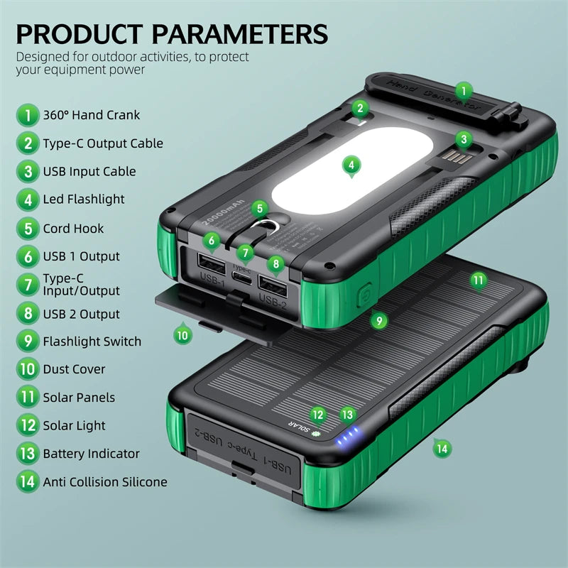 20000Mah Hand Crank Solar Power Bank with Cable Fast Charge Outdoor Portable Powerbank for Iphone Huawei Xiaomi External Battery